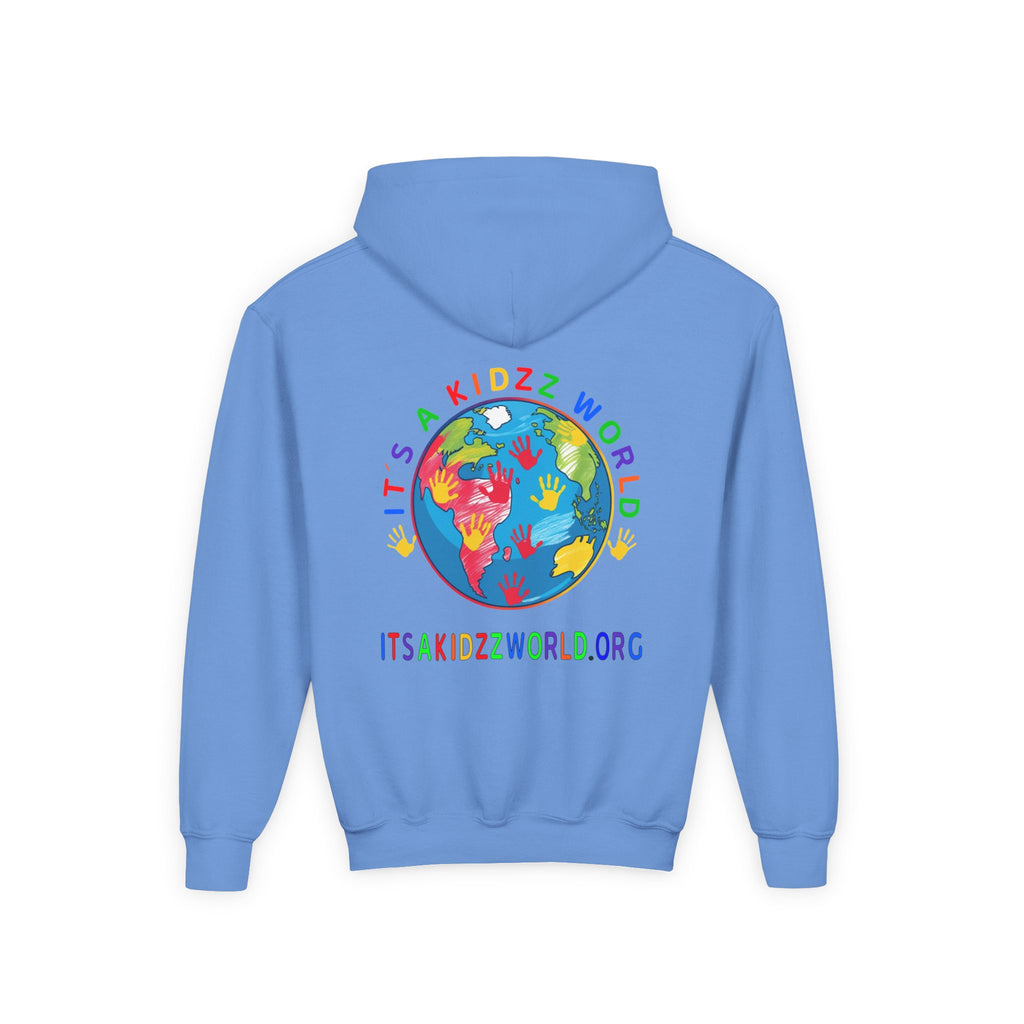 Youth Hoodie — "It's A Kidzz World" Colorful Earth & Hearts Charity Design