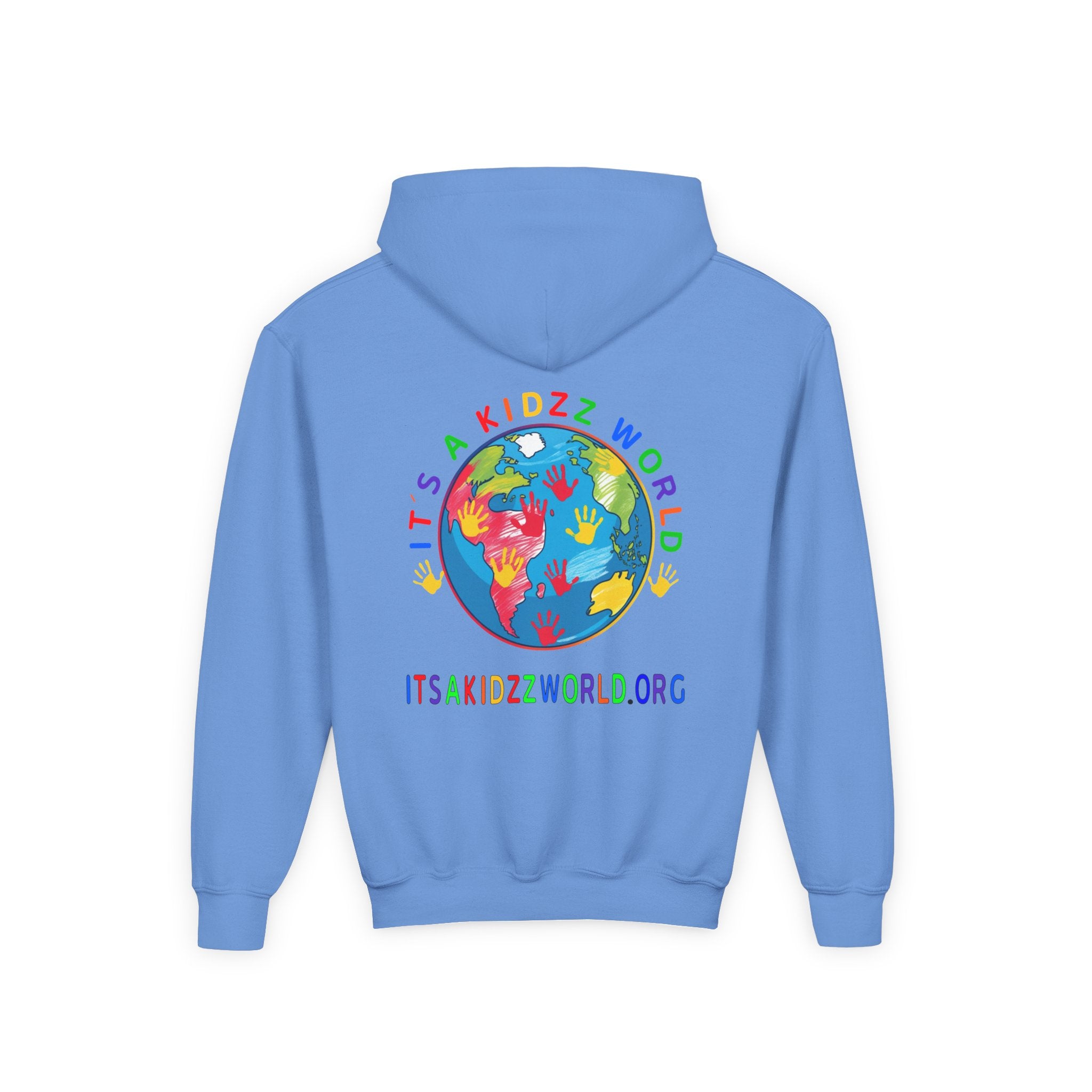 Youth Hoodie — "It's A Kidzz World" Colorful Earth & Hearts Charity Design