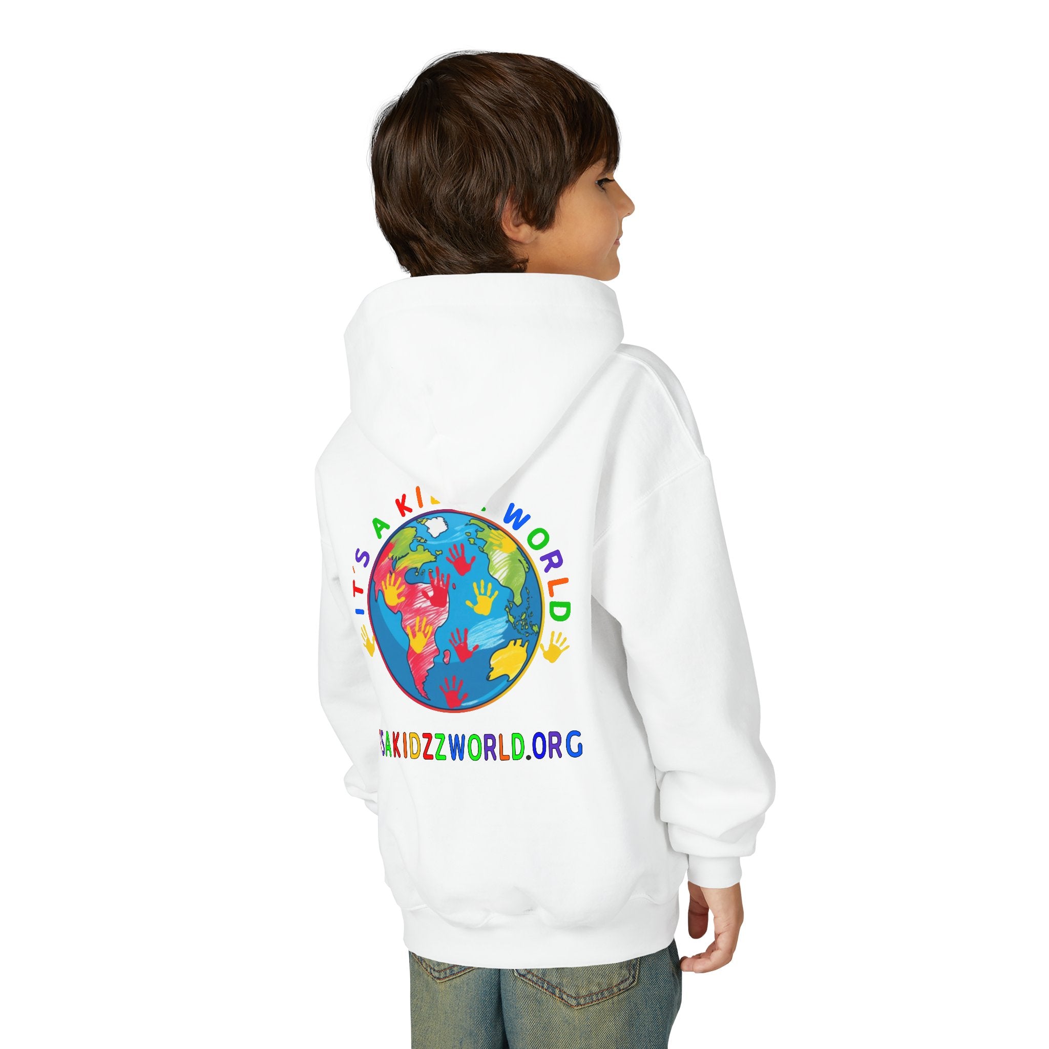Youth Hoodie — "It's A Kidzz World" Colorful Earth & Hearts Charity Design