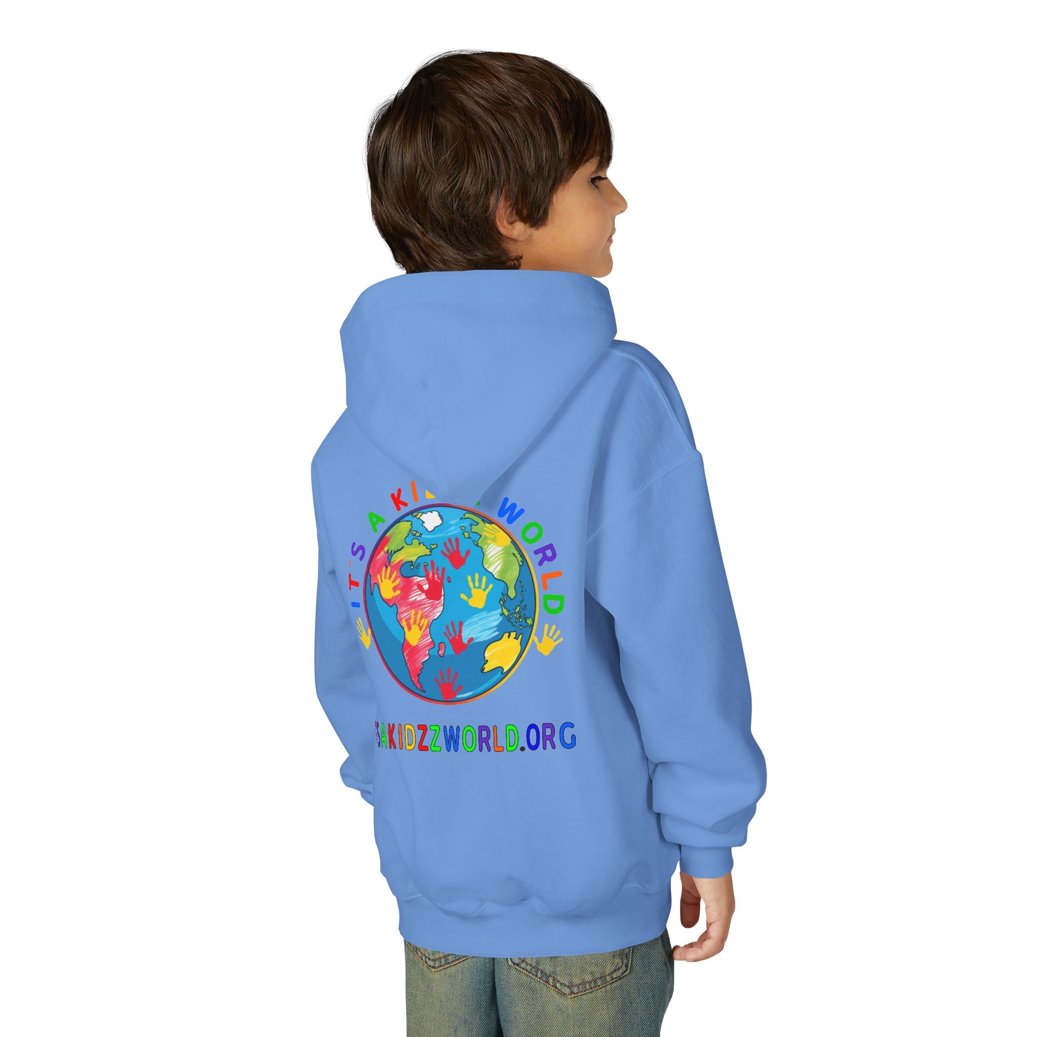 Youth Hoodie — "It's A Kidzz World" Colorful Earth & Hearts Charity Design