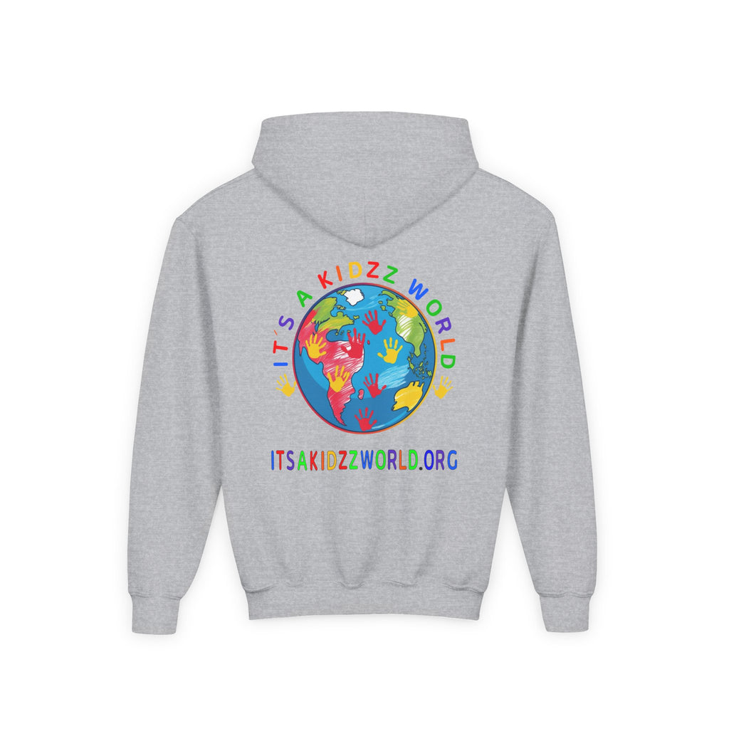 Youth Hoodie — "It's A Kidzz World" Colorful Earth & Hearts Charity Design