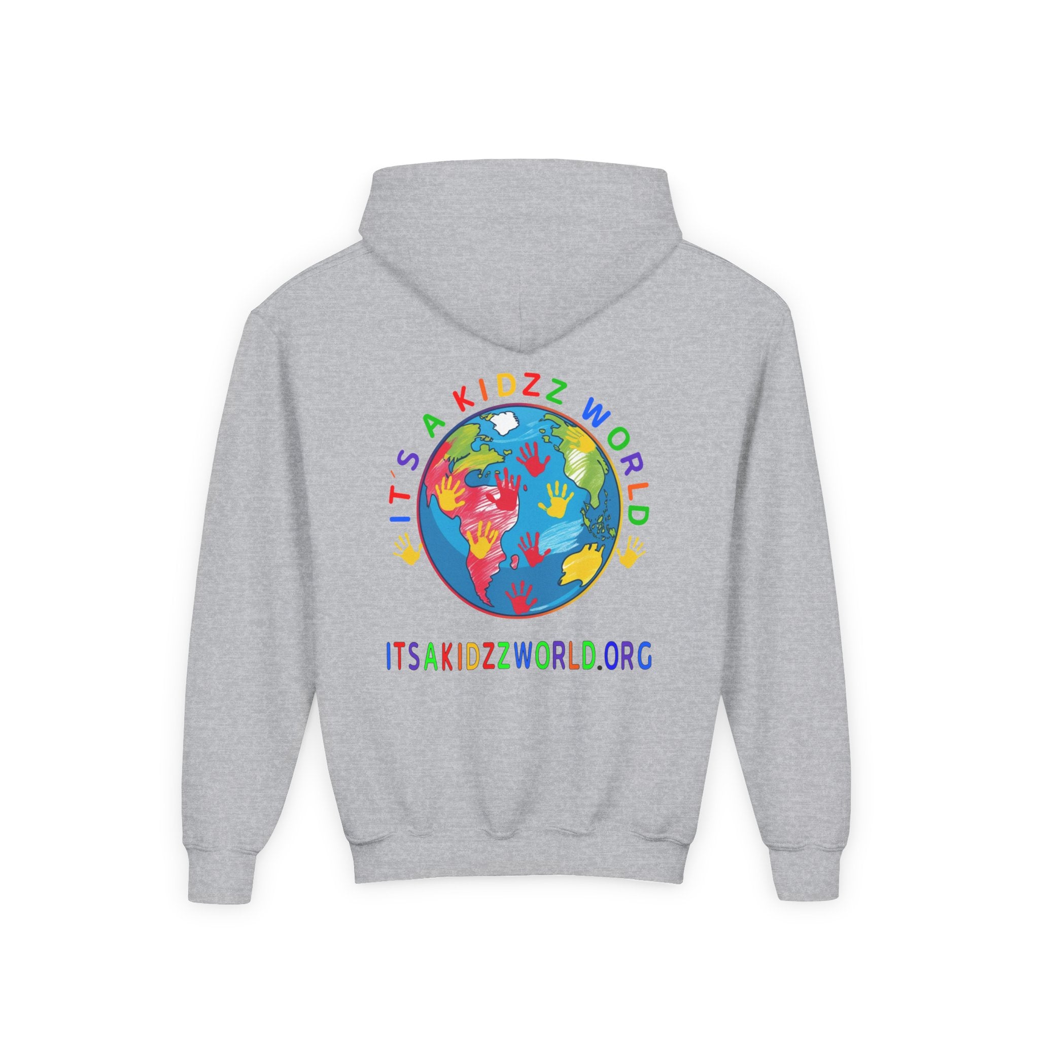 Youth Hoodie — "It's A Kidzz World" Colorful Earth & Hearts Charity Design
