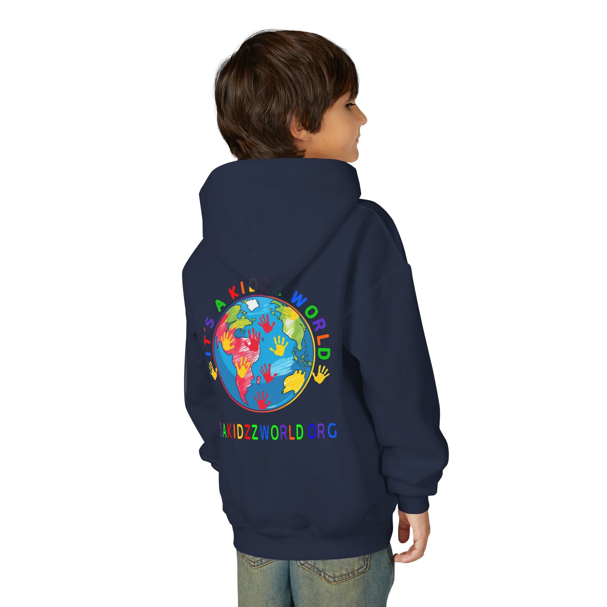 Youth Hoodie — "It's A Kidzz World" Colorful Earth & Hearts Charity Design