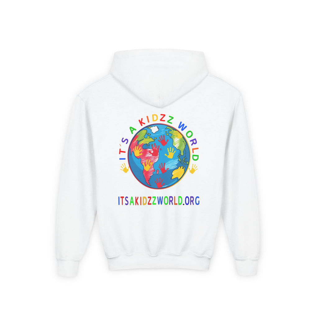 Youth Hoodie — "It's A Kidzz World" Colorful Earth & Hearts Charity Design