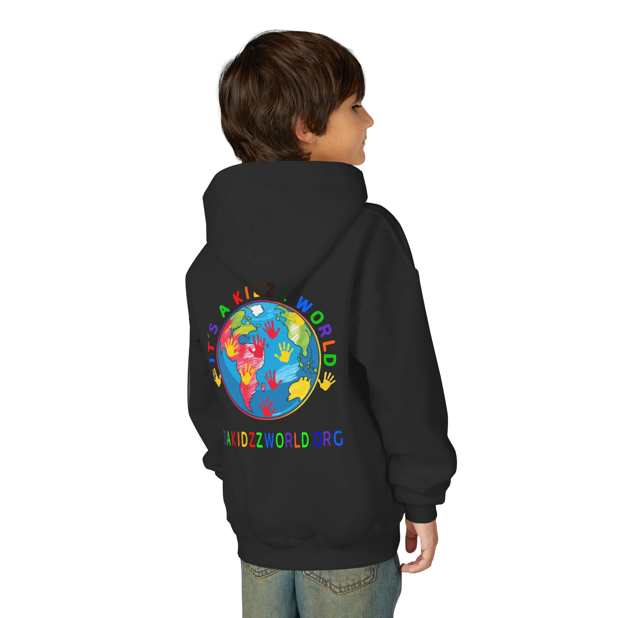 Youth Hoodie — "It's A Kidzz World" Colorful Earth & Hearts Charity Design