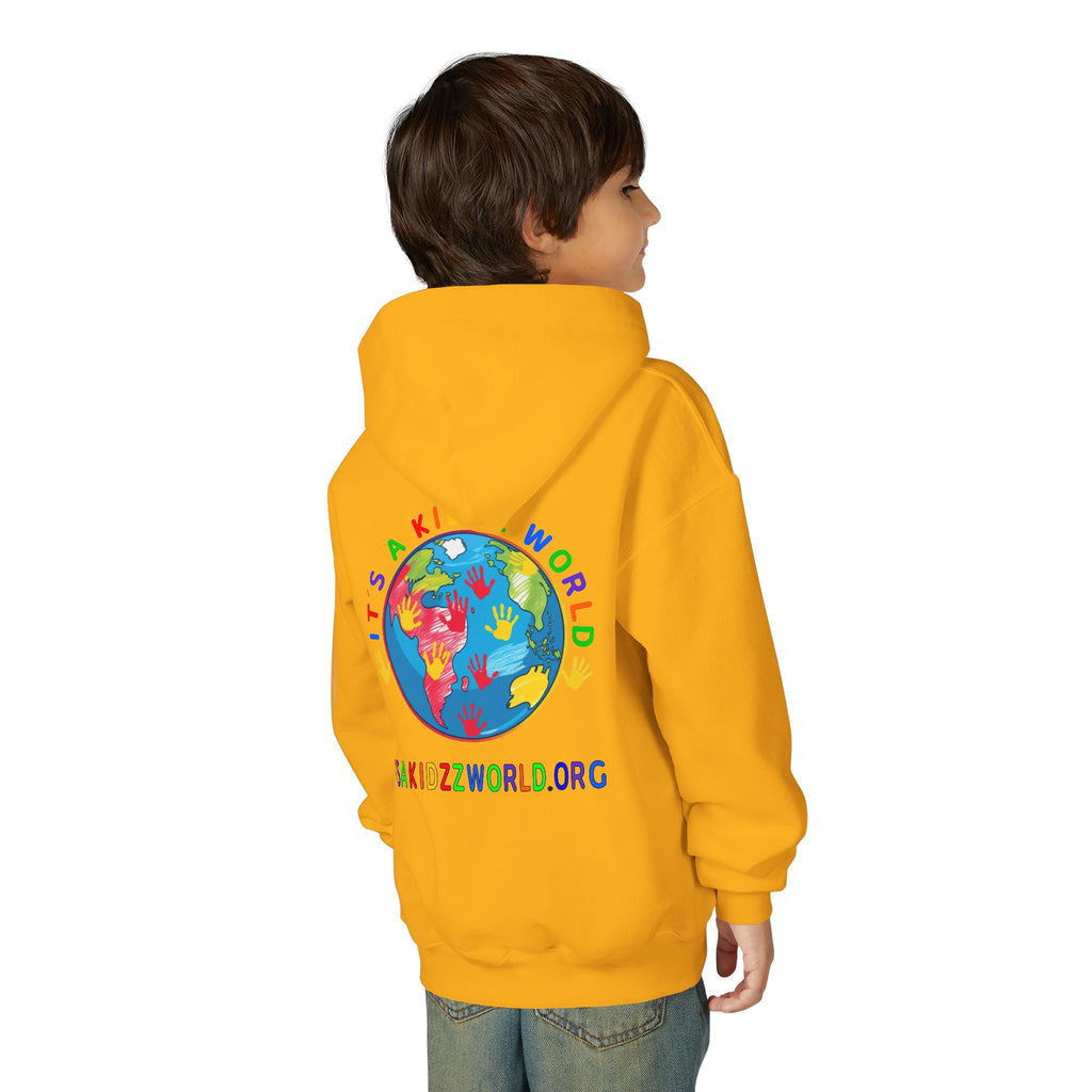 Youth Hoodie — "It's A Kidzz World" Colorful Earth & Hearts Charity Design