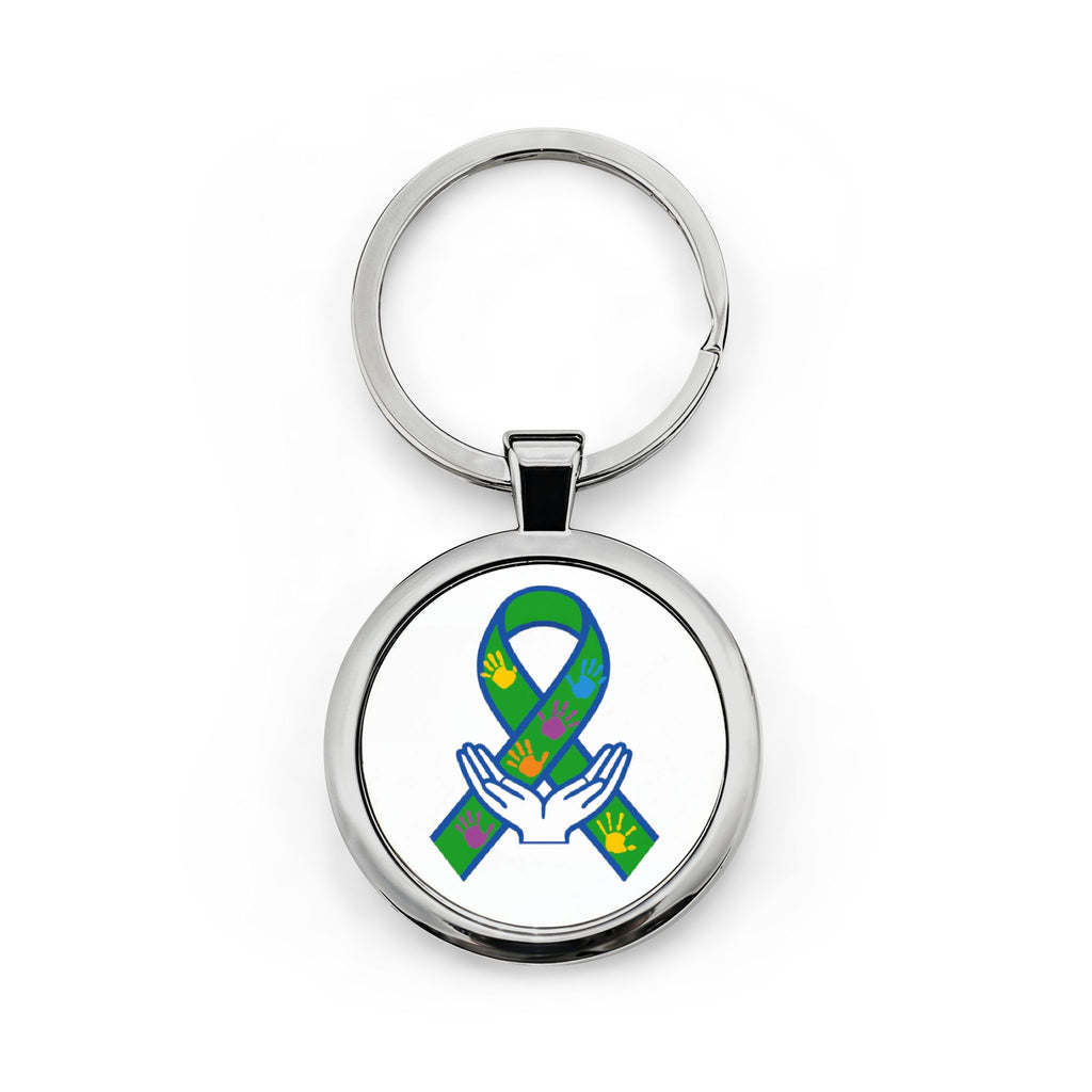 Mental Health Awareness Ribbon Keychain — Green Support Ribbon on Hands Stainless Steel