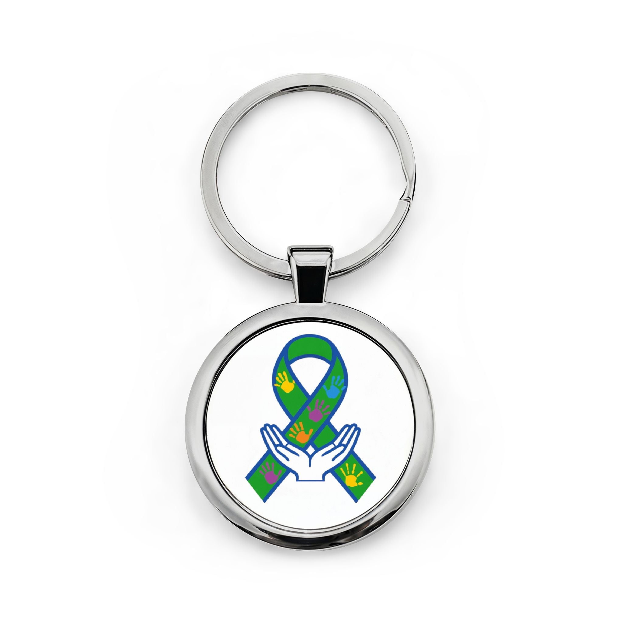 Mental Health Awareness Ribbon Keychain — Green Support Ribbon on Hands Stainless Steel