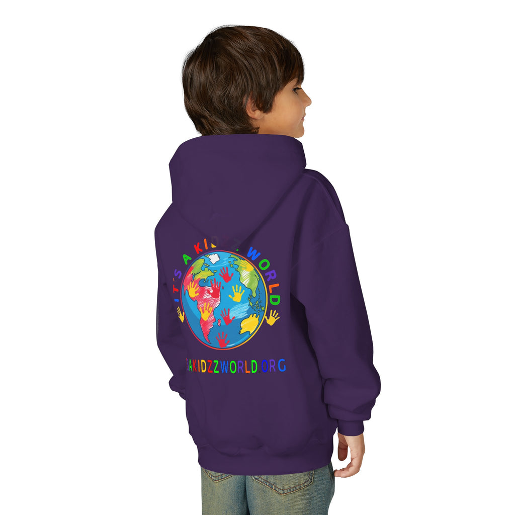 Youth Hoodie — "It's A Kidzz World" Colorful Earth & Hearts Charity Design