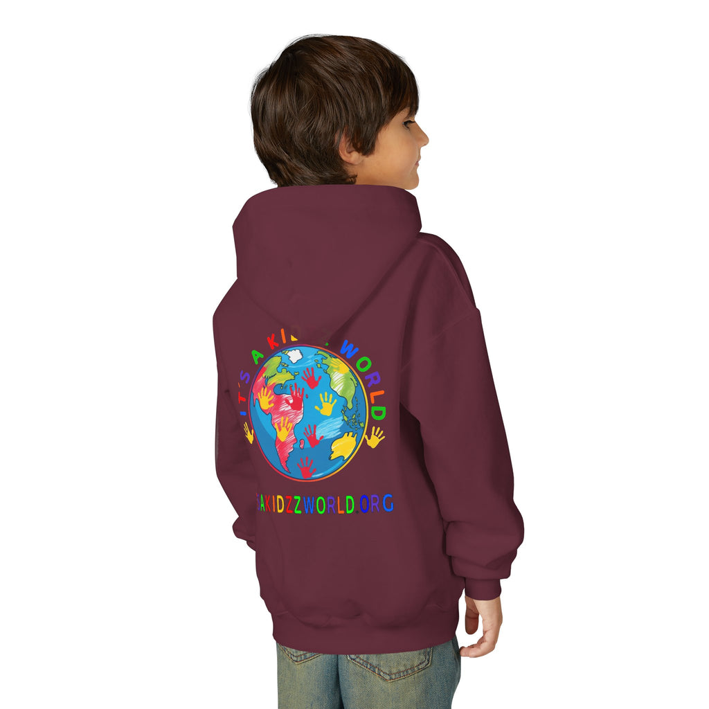 Youth Hoodie — "It's A Kidzz World" Colorful Earth & Hearts Charity Design