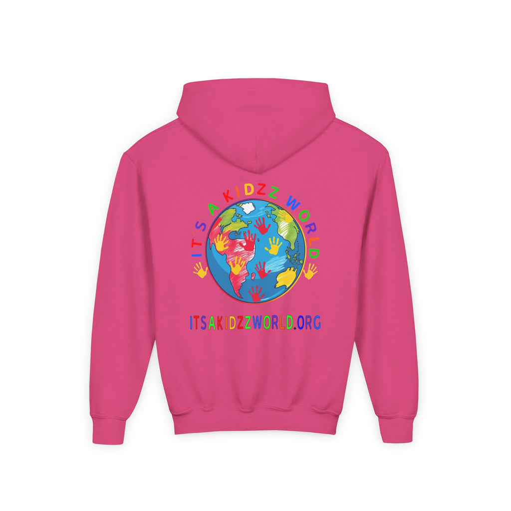 Youth Hoodie — "It's A Kidzz World" Colorful Earth & Hearts Charity Design