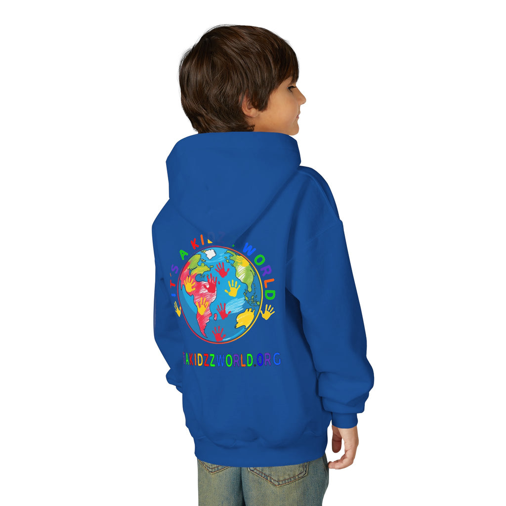 Youth Hoodie — "It's A Kidzz World" Colorful Earth & Hearts Charity Design