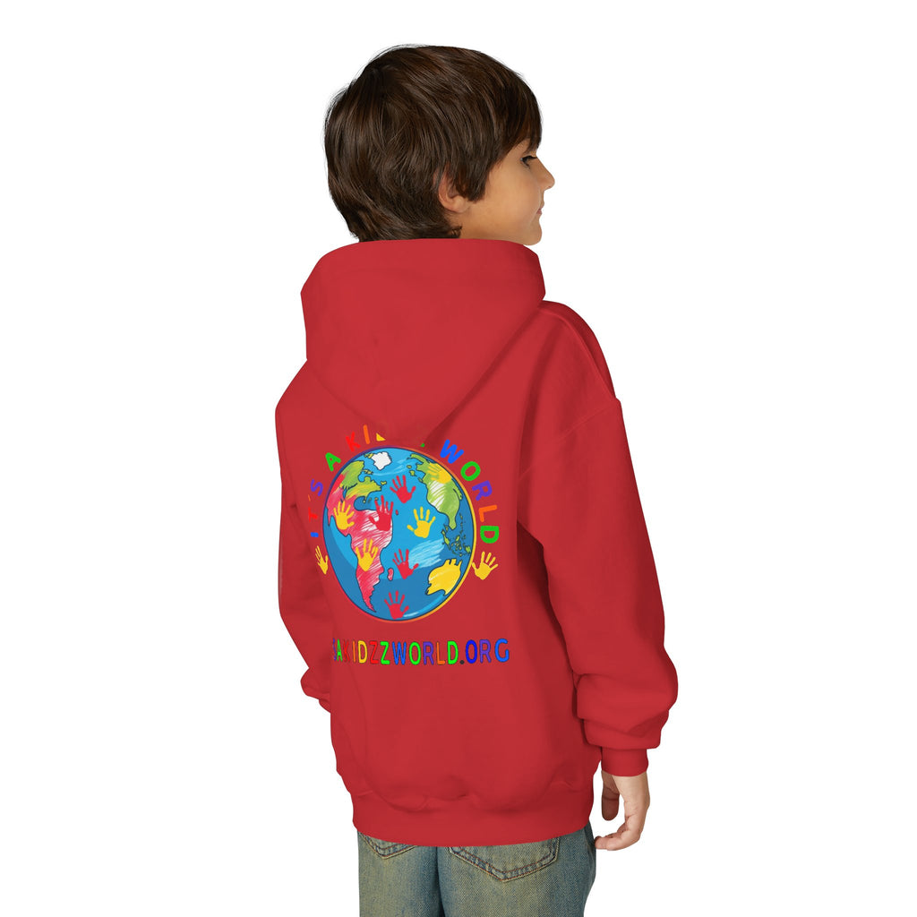 Youth Hoodie — "It's A Kidzz World" Colorful Earth & Hearts Charity Design
