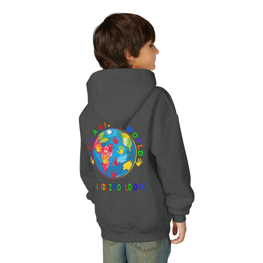 Youth Hoodie — "It's A Kidzz World" Colorful Earth & Hearts Charity Design