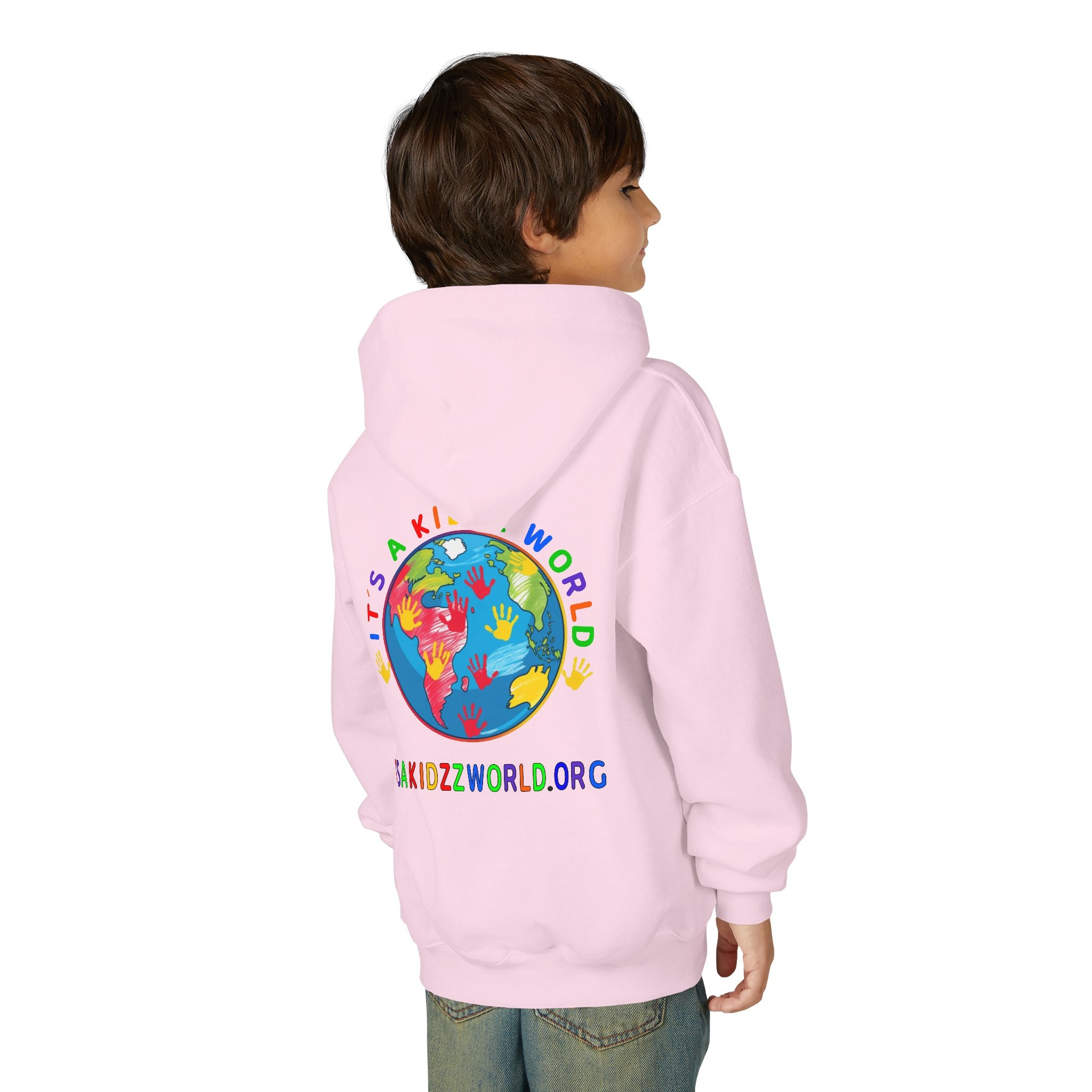 Youth Hoodie — "It's A Kidzz World" Colorful Earth & Hearts Charity Design