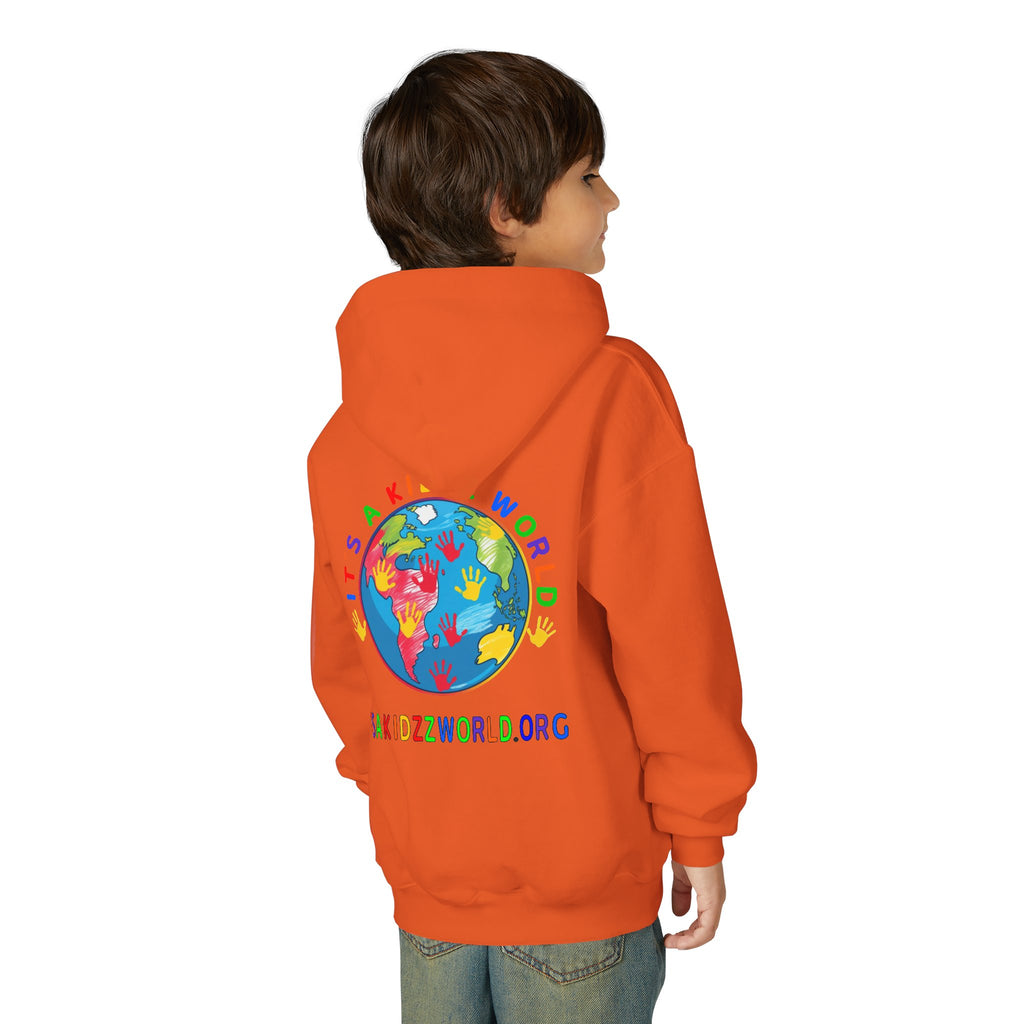 Youth Hoodie — "It's A Kidzz World" Colorful Earth & Hearts Charity Design