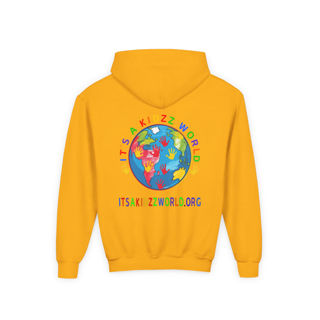 Youth Hoodie — "It's A Kidzz World" Colorful Earth & Hearts Charity Design