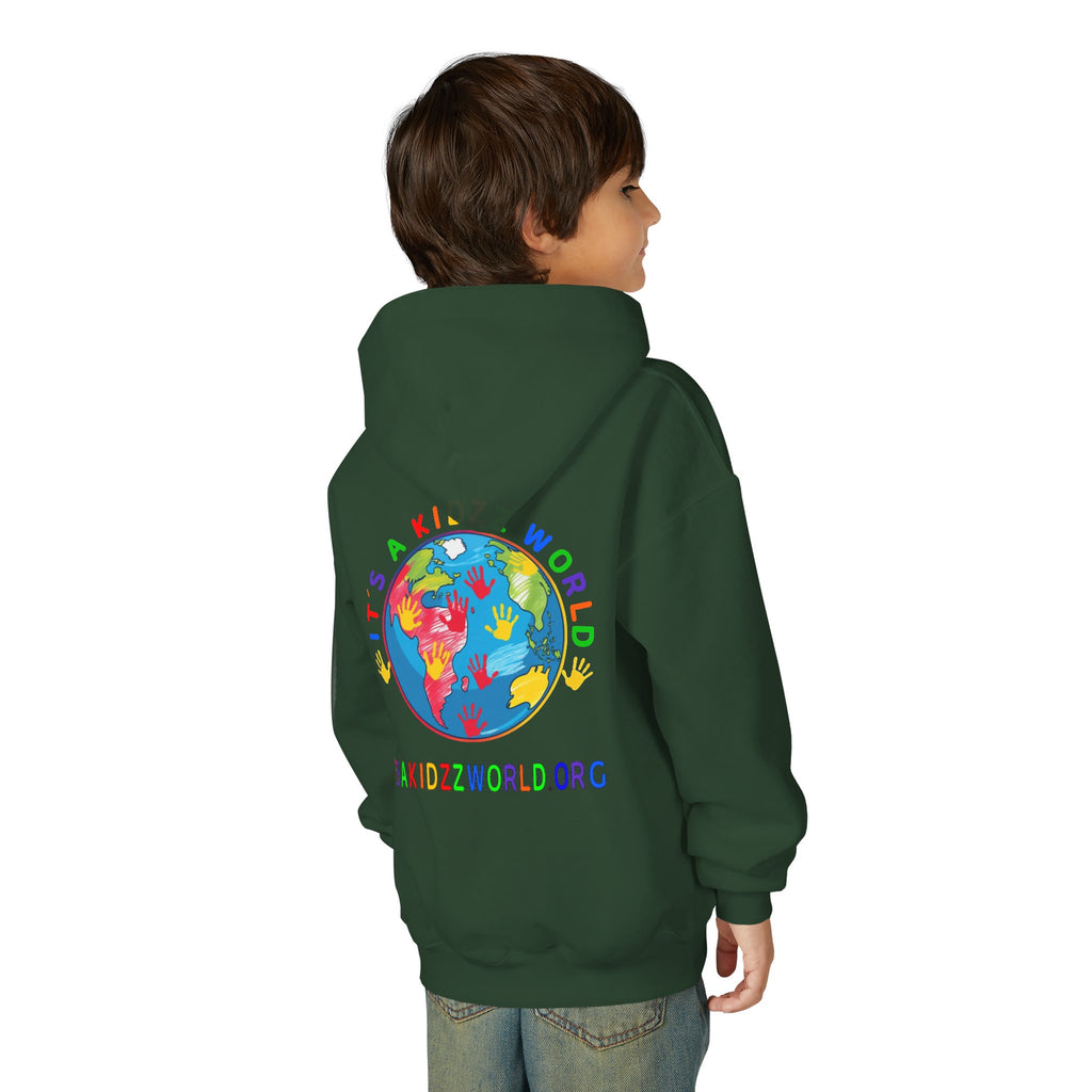Youth Hoodie — "It's A Kidzz World" Colorful Earth & Hearts Charity Design