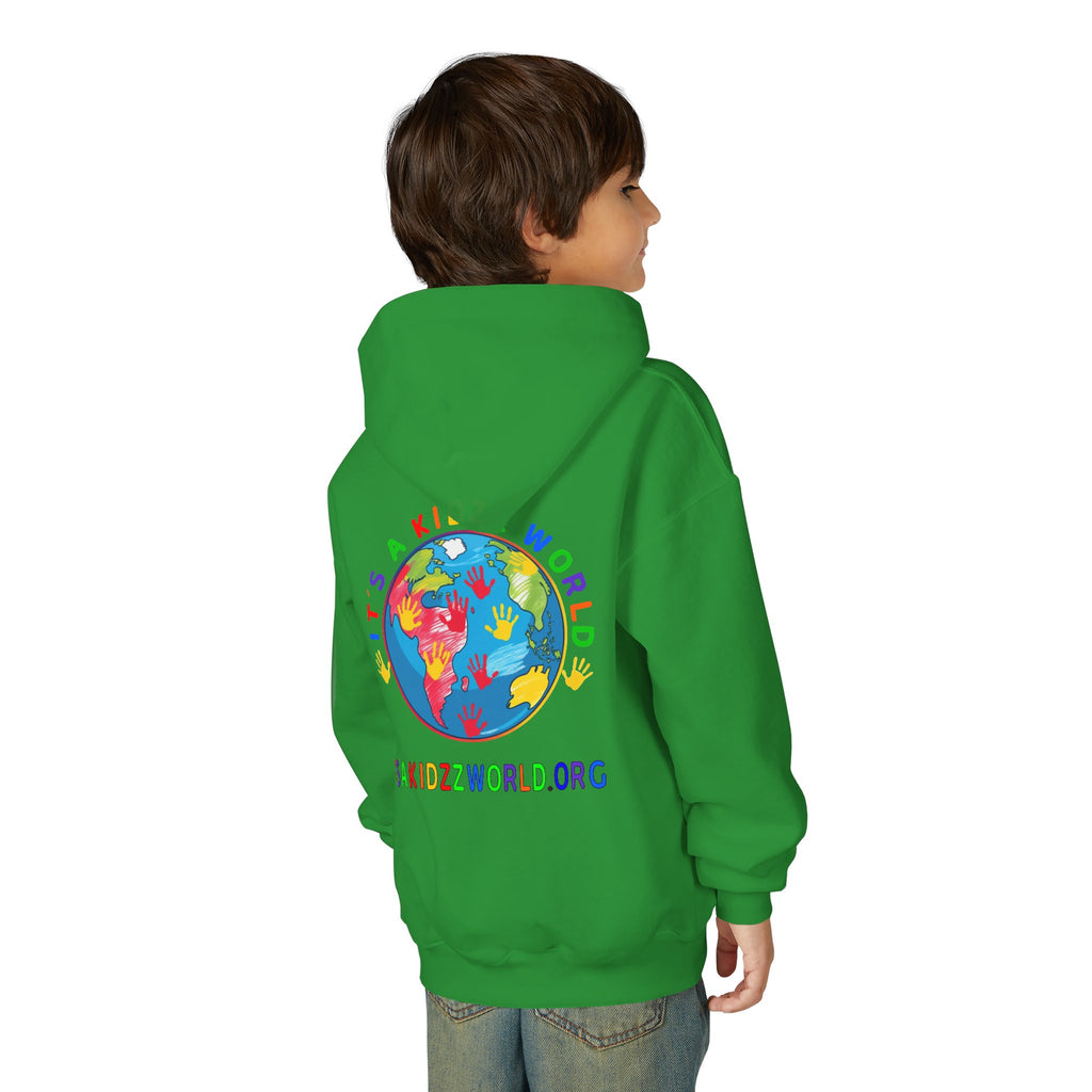 Youth Hoodie — "It's A Kidzz World" Colorful Earth & Hearts Charity Design