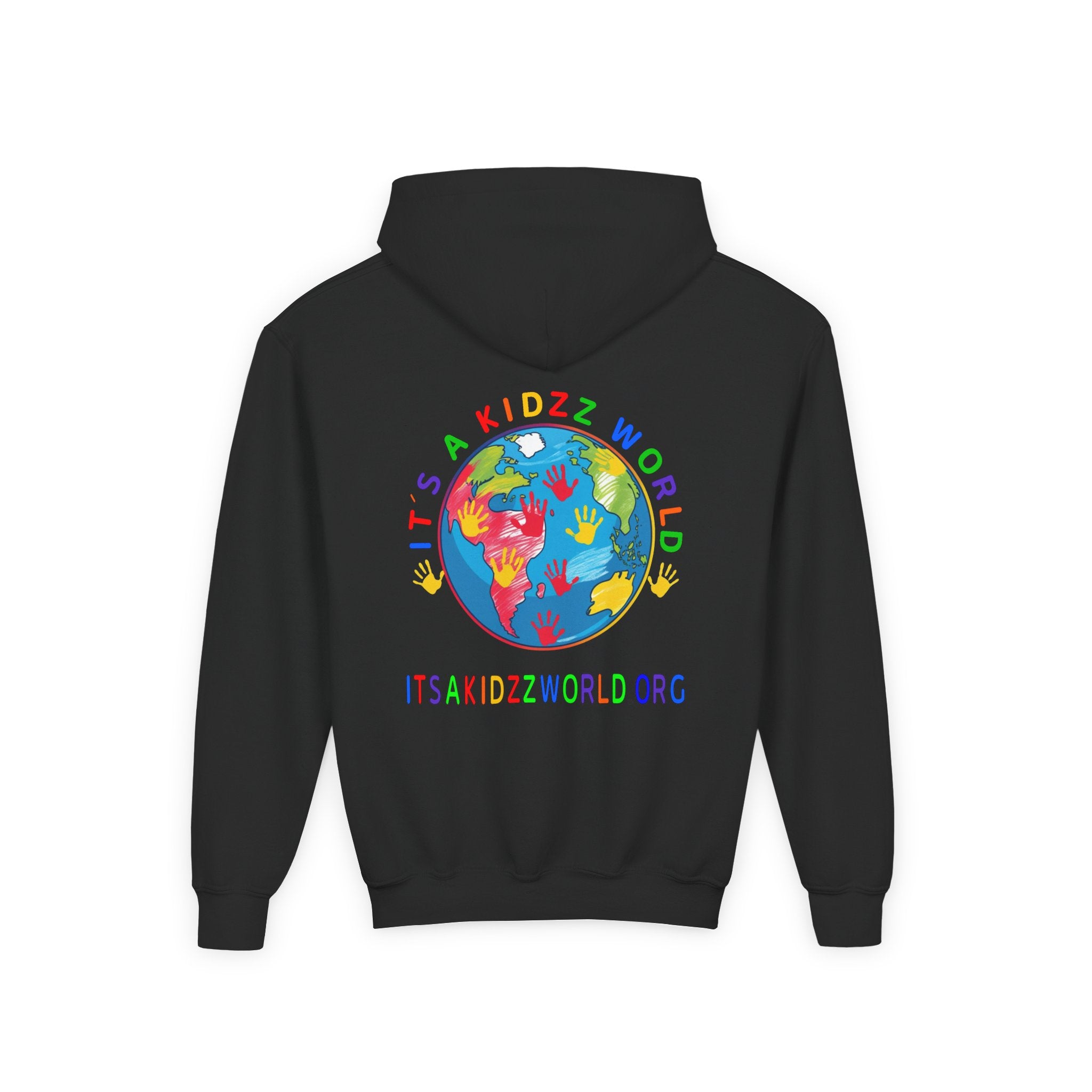Youth Hoodie — "It's A Kidzz World" Colorful Earth & Hearts Charity Design