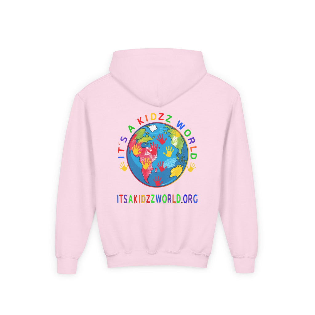 Youth Hoodie — "It's A Kidzz World" Colorful Earth & Hearts Charity Design