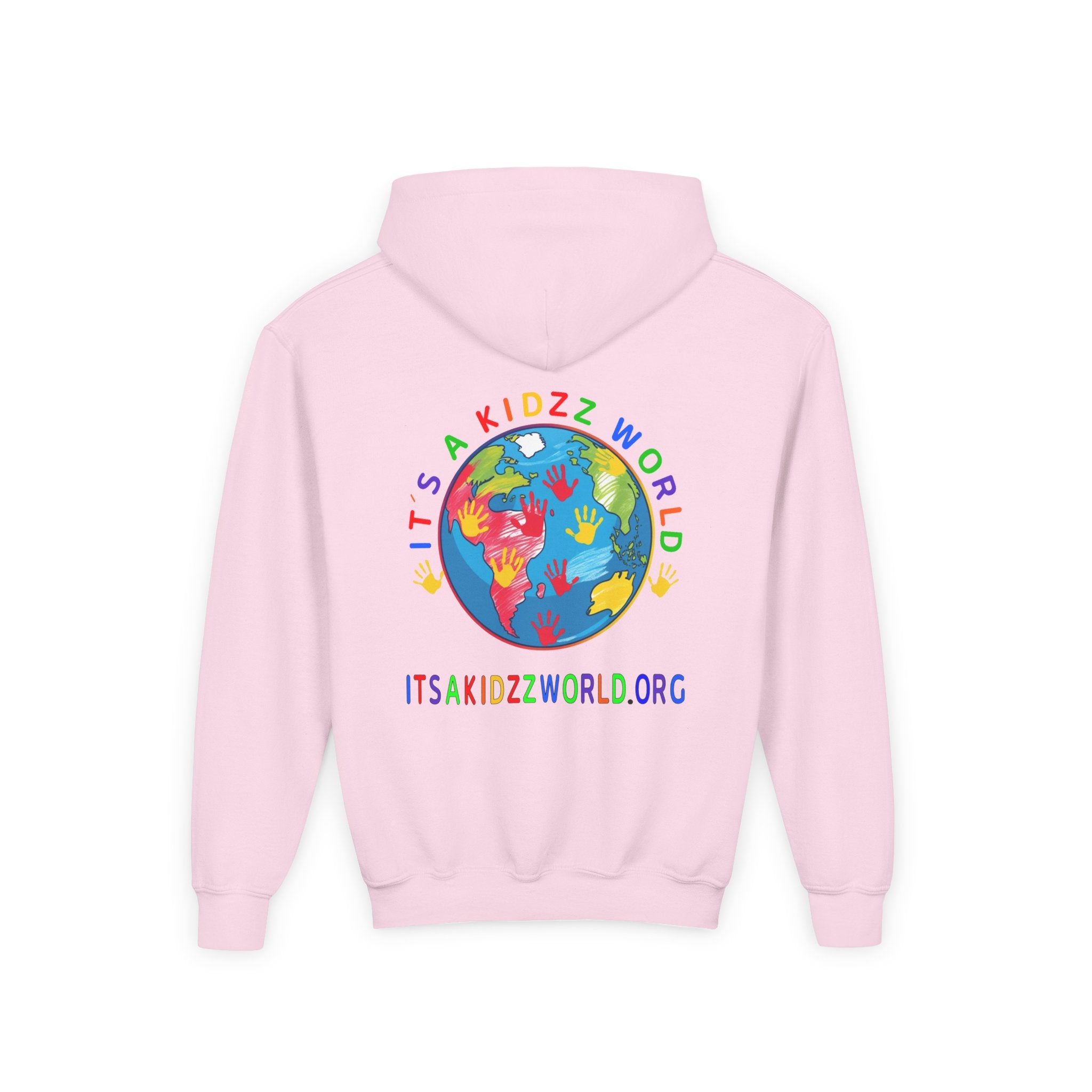 Youth Hoodie — "It's A Kidzz World" Colorful Earth & Hearts Charity Design