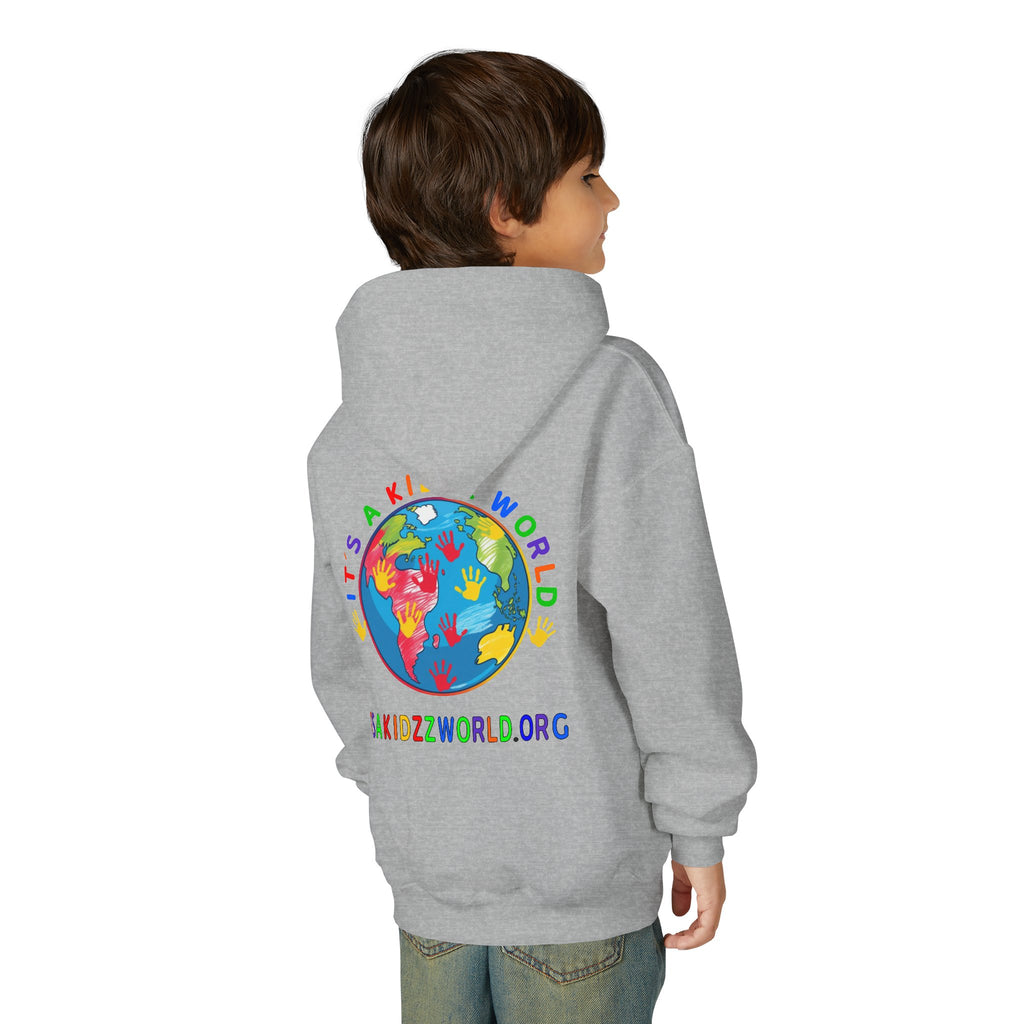 Youth Hoodie — "It's A Kidzz World" Colorful Earth & Hearts Charity Design