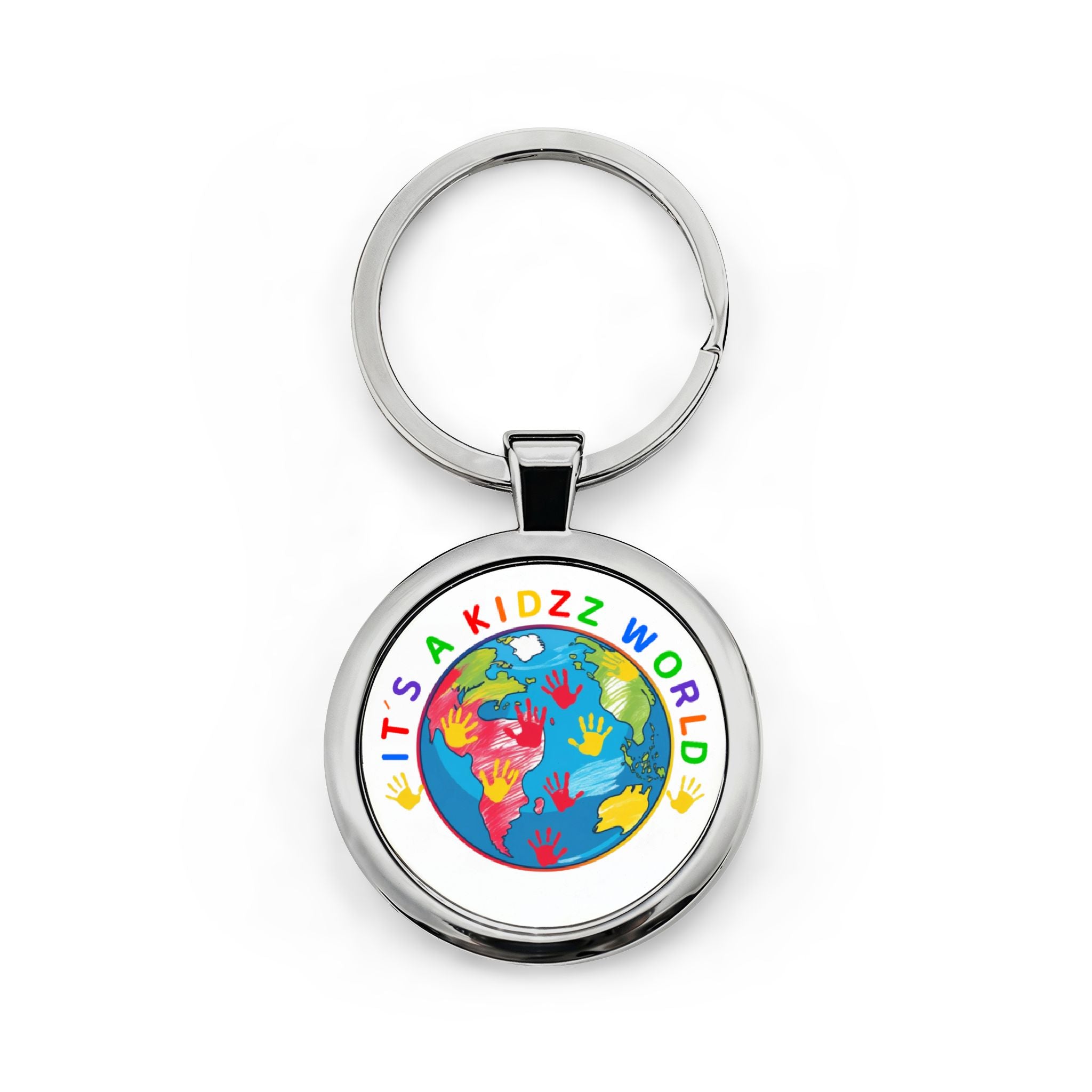 Round Keychain — "It's Kidz World" Colorful Globe with Handprints