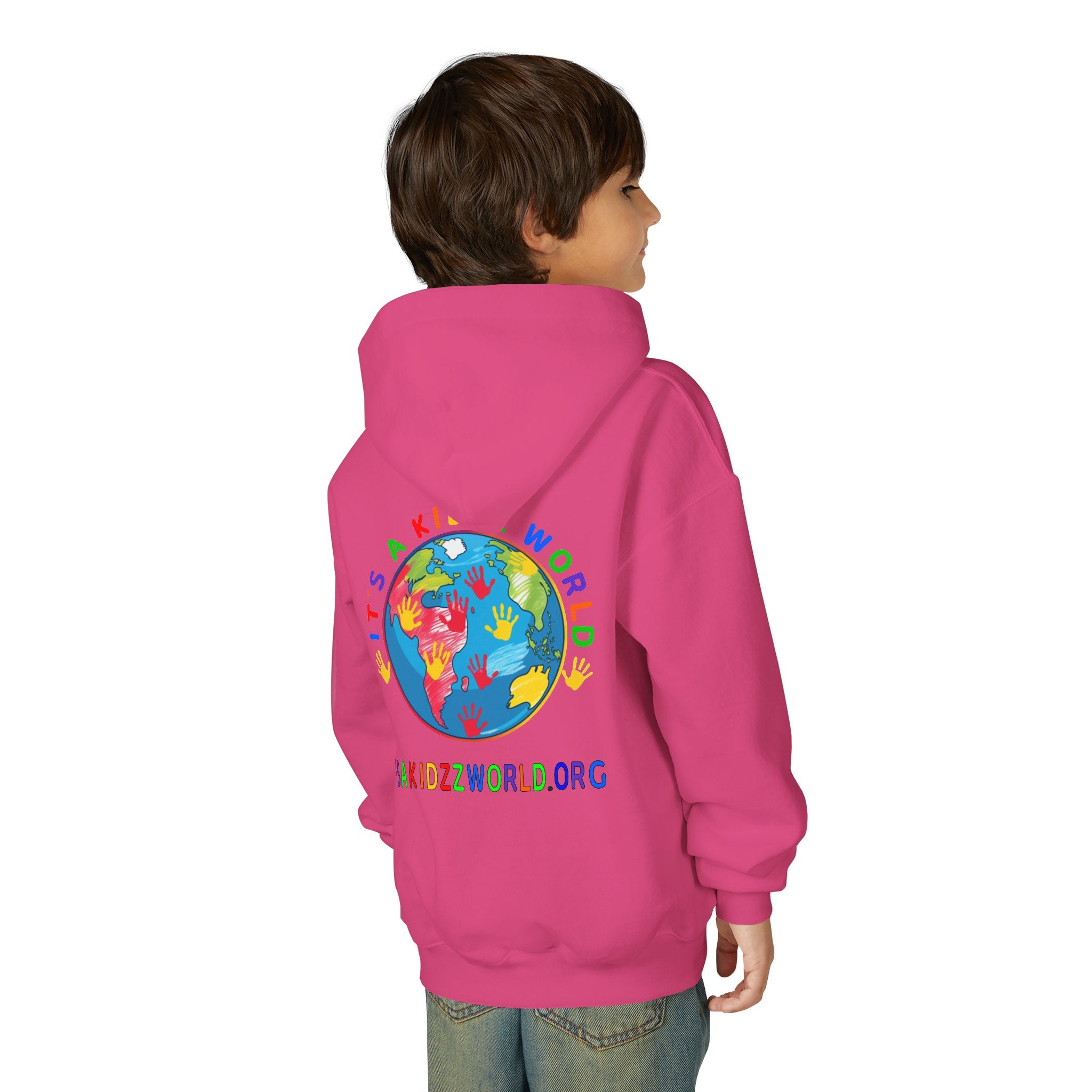 Youth Hoodie — "It's A Kidzz World" Colorful Earth & Hearts Charity Design
